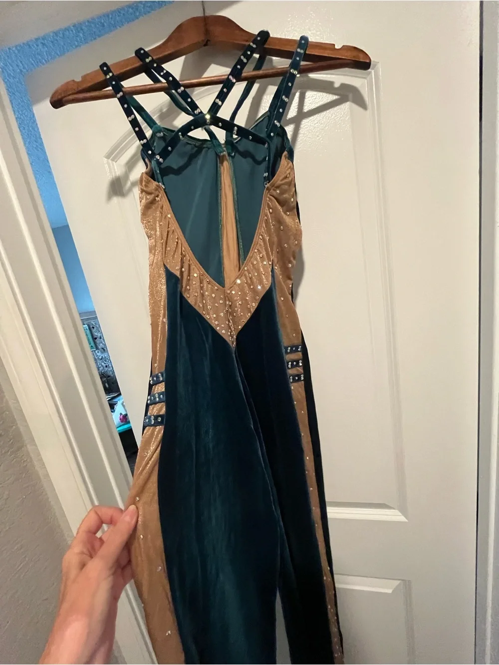 Custom Made Teal Velvet Dance Unitard with Swarvoski Crystals